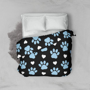 Pattern Of Paws, Dog Paws, Blue Paws, White Hearts Duvet Cover