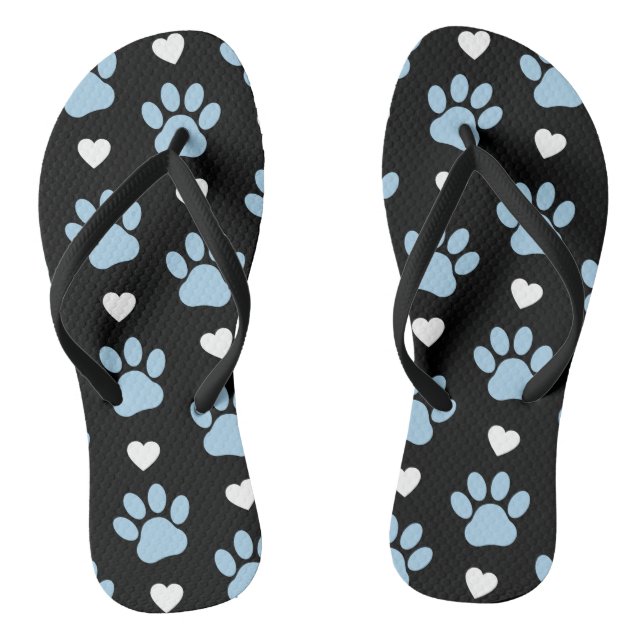 Pattern Of Paws, Dog Paws, Blue Paws, White Hearts Flip Flops (Footbed)