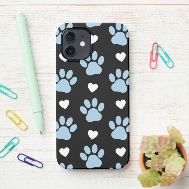 Pattern Of Paws, Dog Paws, Blue Paws, White Hearts iPhone Case (On Desk)