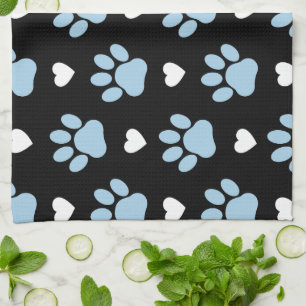 Pattern Of Paws, Dog Paws, Blue Paws, White Hearts Kitchen Towel