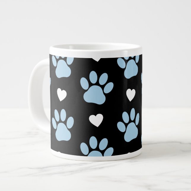 Pattern Of Paws, Dog Paws, Blue Paws, White Hearts Large Coffee Mug (Front Left)