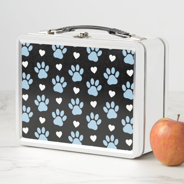 Pattern Of Paws, Dog Paws, Blue Paws, White Hearts Metal Lunch Box (In Situ)