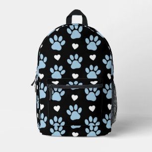 Pattern Of Paws, Dog Paws, Blue Paws, White Hearts Printed Backpack