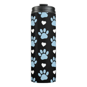 Pattern Of Paws, Dog Paws, Blue Paws, White Hearts Thermal Tumbler