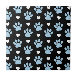 Pattern Of Paws, Dog Paws, Blue Paws, White Hearts Tile