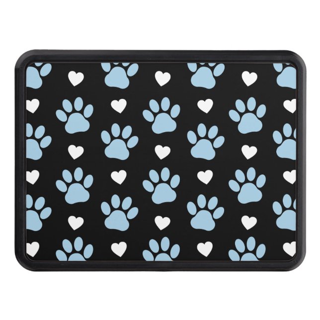 Pattern Of Paws, Dog Paws, Blue Paws, White Hearts Trailer Hitch Cover (Front)