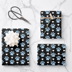 Pattern Of Paws, Dog Paws, Blue Paws, White Hearts Wrapping Paper Sheet