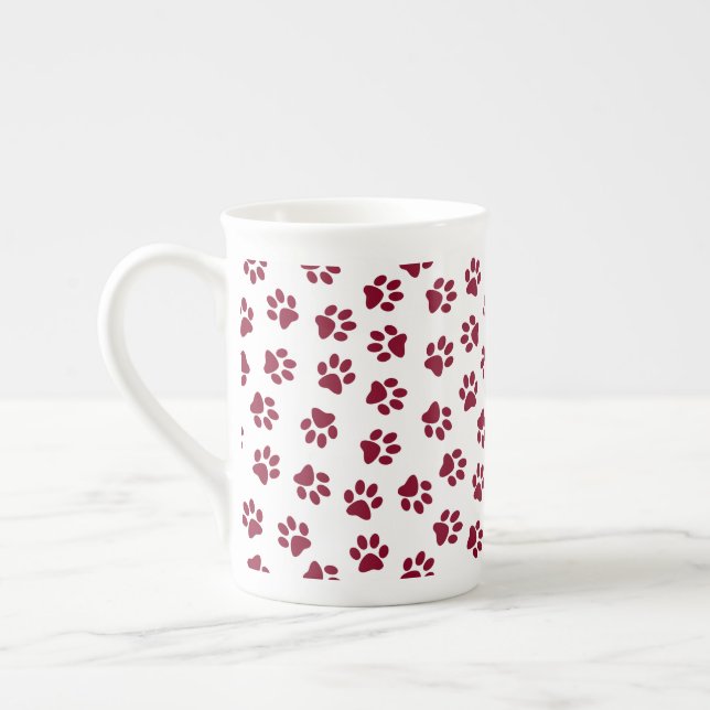 Pattern Of Paws, Dog Paws, Burgundy Paws Bone China Mug (Left)