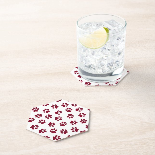 Pattern Of Paws, Dog Paws, Burgundy Paws Paper Coaster (Insitu)