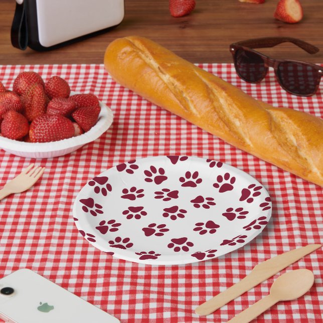 Pattern Of Paws, Dog Paws, Burgundy Paws Paper Plate (Picnic)