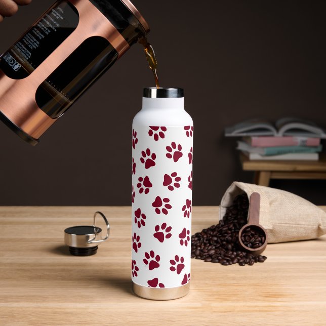 Pattern Of Paws, Dog Paws, Burgundy Paws Water Bottle (Coffee)
