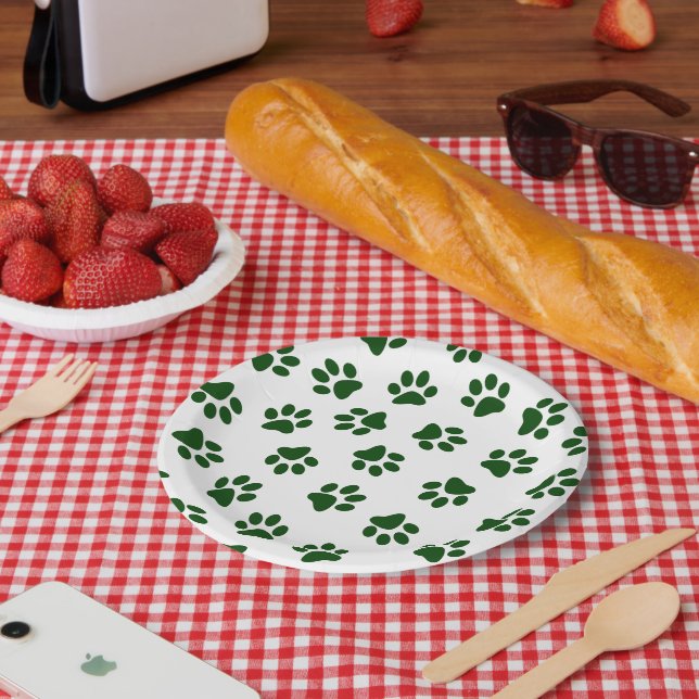 Pattern Of Paws, Dog Paws, Green Paws Paper Plate (Picnic)