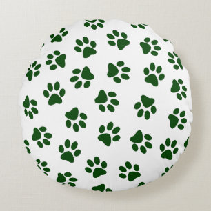 Pattern Of Paws, Dog Paws, Green Paws Round Pillow