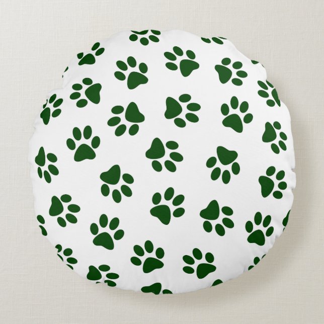 Pattern Of Paws, Dog Paws, Green Paws Round Pillow (Front)