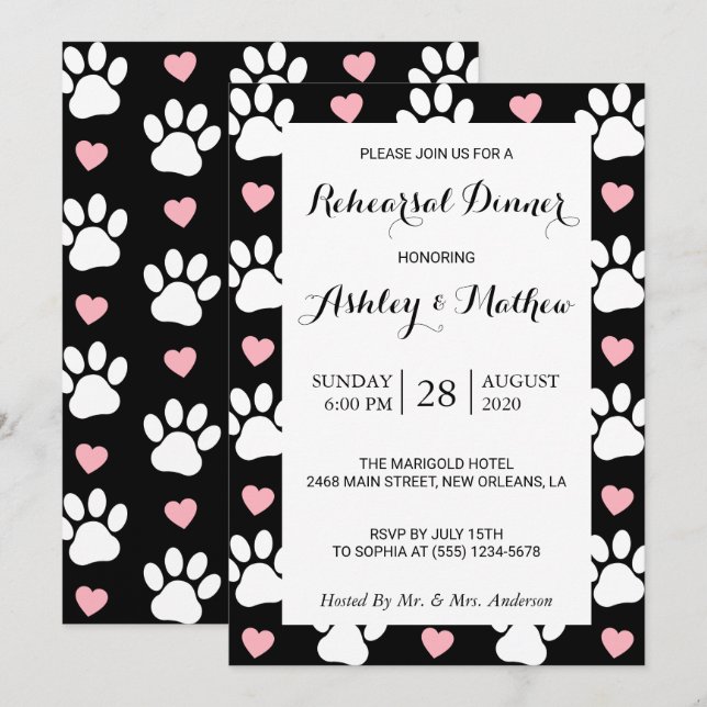 Pattern Of Paws, Dog Paws, Heart, Rehearsal Dinner Invitation (Front/Back)