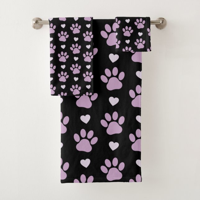 Pattern Of Paws, Dog Paws, Lilac Paws, Hearts Bath Towel Set (Insitu)