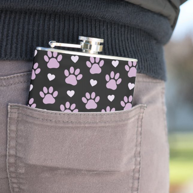 Pattern Of Paws, Dog Paws, Lilac Paws, Hearts Hip Flask (In Situ)