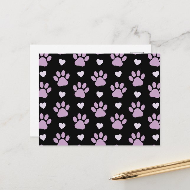Pattern Of Paws, Dog Paws, Lilac Paws, Hearts Postcard (Front/Back In Situ)