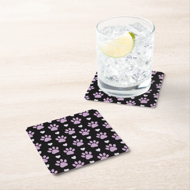 Pattern Of Paws, Dog Paws, Lilac Paws, Hearts Square Paper Coaster (Insitu)