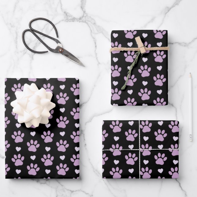 Pattern Of Paws, Dog Paws, Lilac Paws, Hearts Wrapping Paper Sheet (Front)