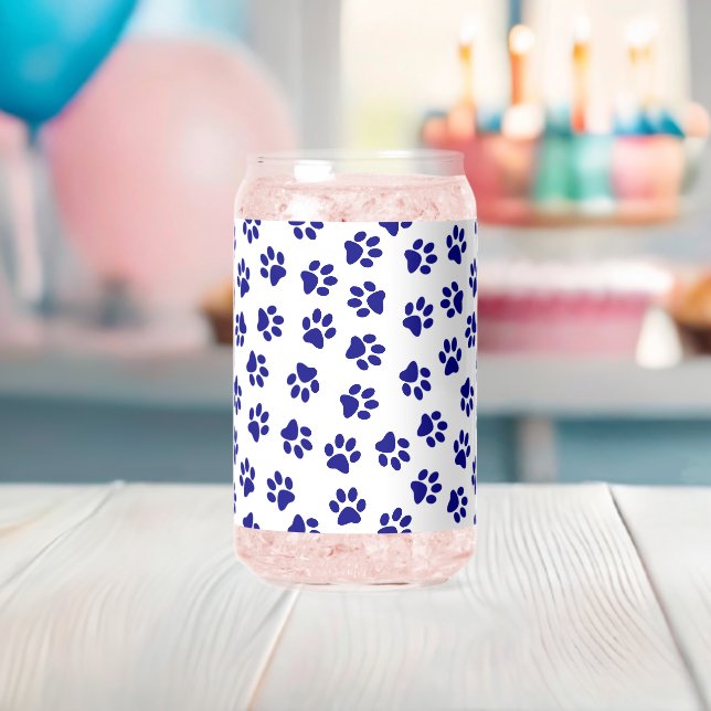 Pattern Of Paws, Dog Paws, Navy Blue Paws Can Glass (Insitu (Baby Shower))