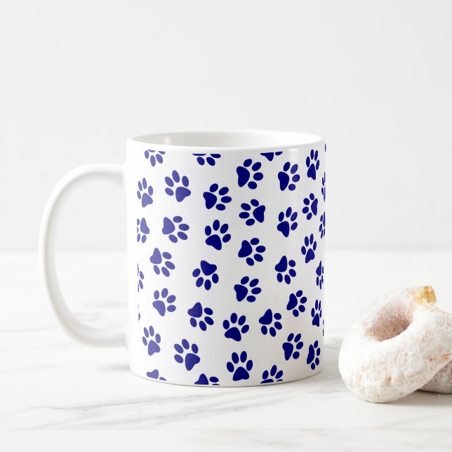 Pattern Of Paws, Dog Paws, Navy Blue Paws Coffee Mug (With Donut)