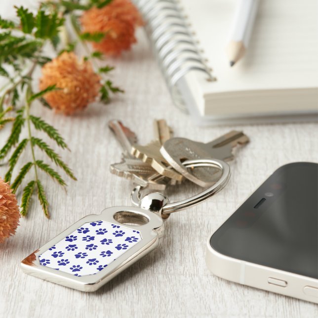 Pattern Of Paws, Dog Paws, Navy Blue Paws Keychain (Side)