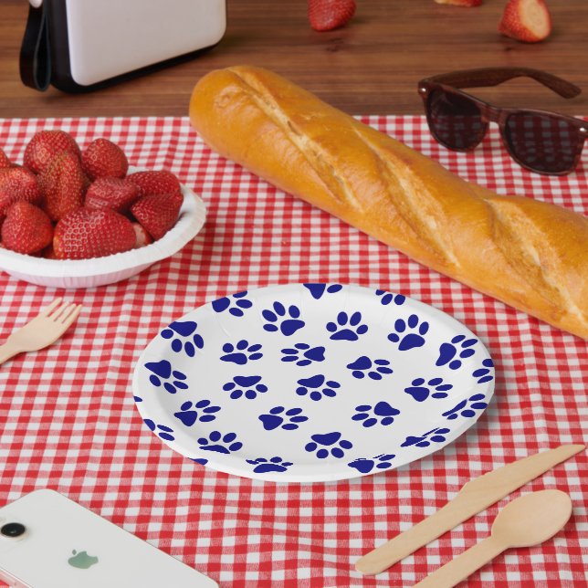 Pattern Of Paws, Dog Paws, Navy Blue Paws Paper Plate (Picnic)
