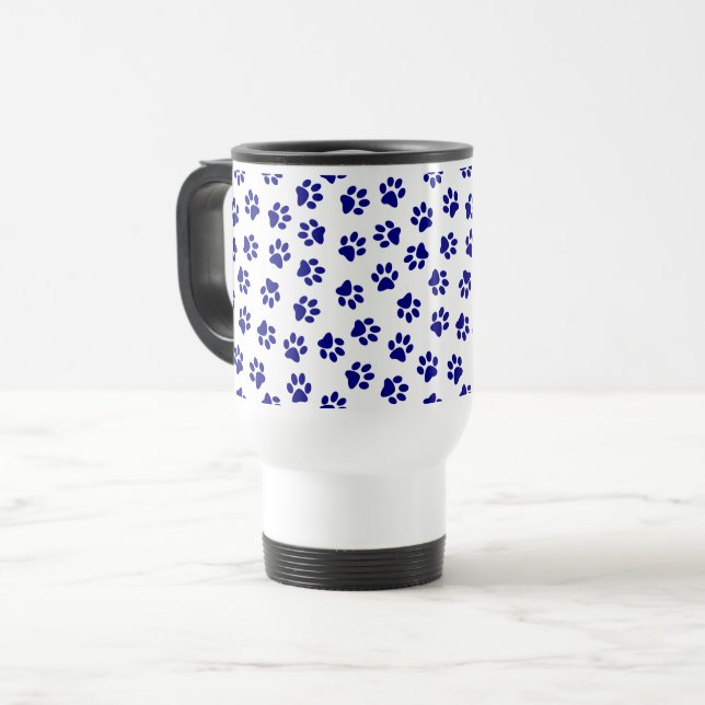 Pattern Of Paws, Dog Paws, Navy Blue Paws Travel Mug (Front Left)