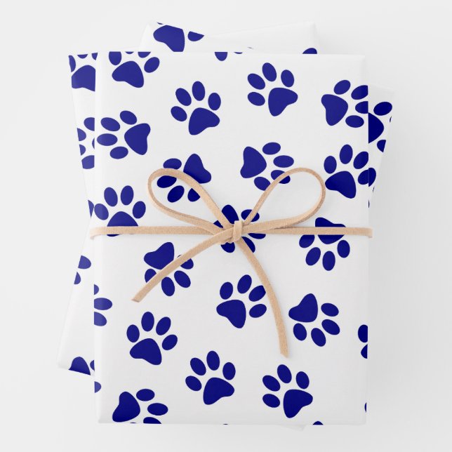 Pattern Of Paws, Dog Paws, Navy Blue Paws Wrapping Paper Sheet (In situ)
