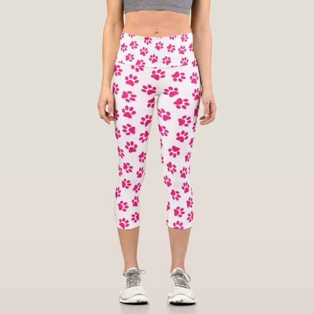 Pattern Of Paws, Dog Paws, Pink Paws Capri Leggings (Front)