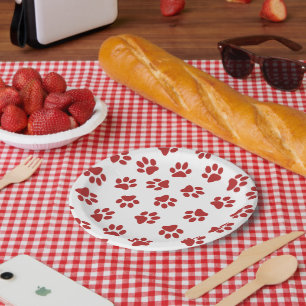 Pattern Of Paws, Dog Paws, Red Paws Paper Plate