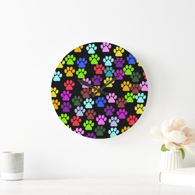 Pattern Of Paws, Dog Paws, Trails - Red Blue Green Large Clock (Home)