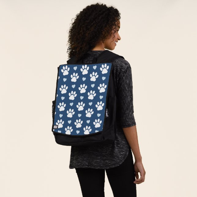 Pattern Of Paws, Dog Paws, White Paws, Blue Hearts Backpack (Worn)