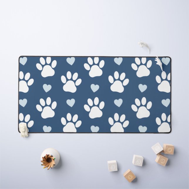 Pattern Of Paws, Dog Paws, White Paws, Blue Hearts Desk Mat (Kids Table)