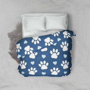 Pattern Of Paws, Dog Paws, White Paws, Blue Hearts Duvet Cover