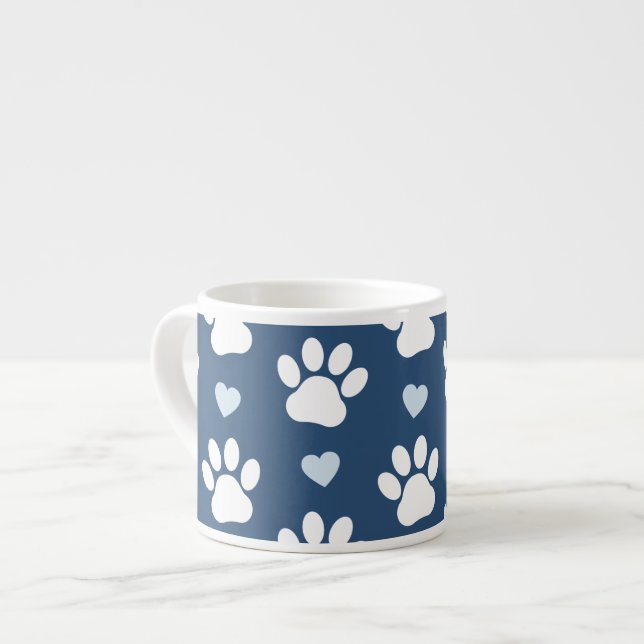 Pattern Of Paws, Dog Paws, White Paws, Blue Hearts Espresso Cup (Front Left)