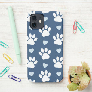 Pattern Of Paws, Dog Paws, White Paws, Blue Hearts iPhone 12 Case