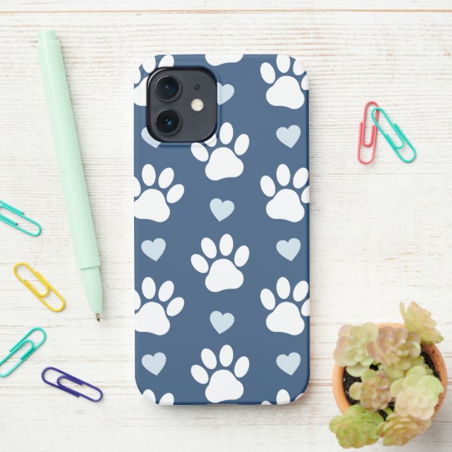Pattern Of Paws, Dog Paws, White Paws, Blue Hearts iPhone Case (On Desk)