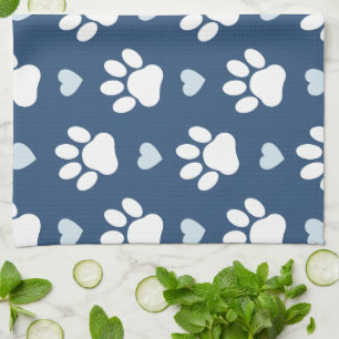 Pattern Of Paws, Dog Paws, White Paws, Blue Hearts Kitchen Towel