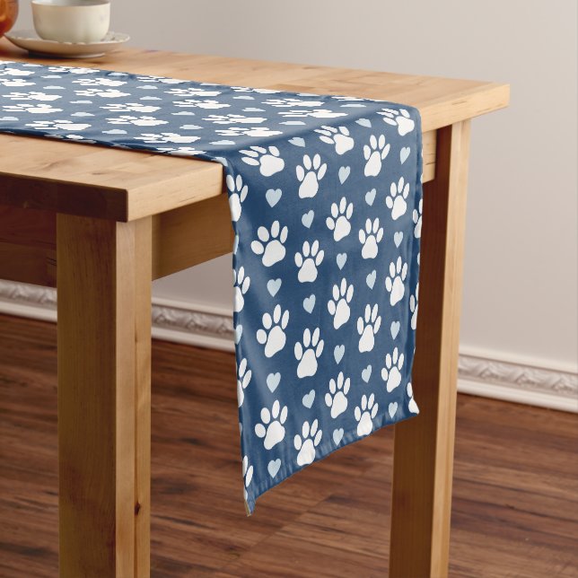 Pattern Of Paws, Dog Paws, White Paws, Blue Hearts Medium Table Runner (In Situ)