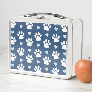 Pattern Of Paws, Dog Paws, White Paws, Blue Hearts Metal Lunch Box