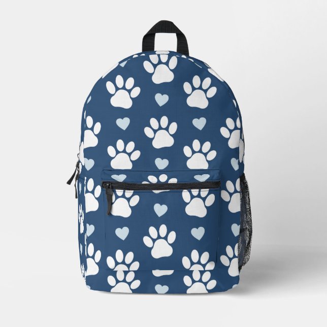 Pattern Of Paws, Dog Paws, White Paws, Blue Hearts Printed Backpack (Front)