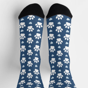 Pattern Of Paws, Dog Paws, White Paws, Blue Hearts Socks