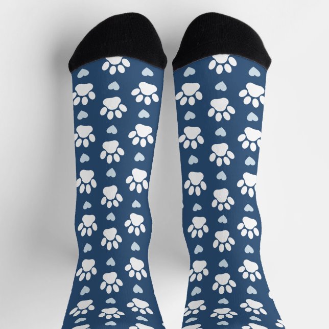 Pattern Of Paws, Dog Paws, White Paws, Blue Hearts Socks (Top)