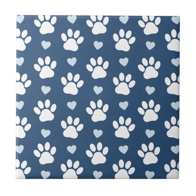 Pattern Of Paws, Dog Paws, White Paws, Blue Hearts Tile (Front)