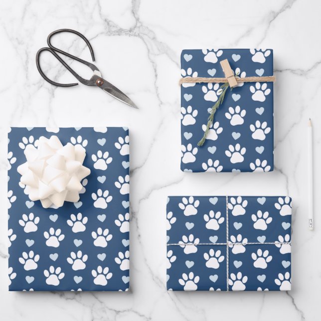 Pattern Of Paws, Dog Paws, White Paws, Blue Hearts Wrapping Paper Sheet (Front)