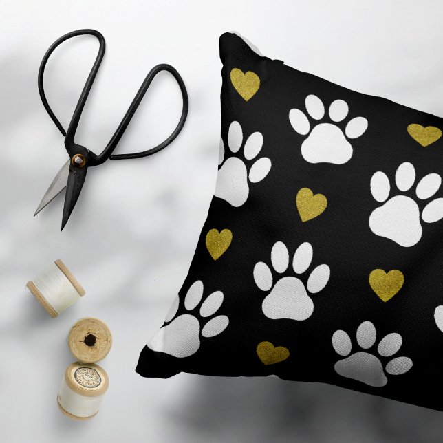 Pattern Of Paws, Dog Paws, White Paws, Gold Hearts Accent Pillow (Creator Uploaded)