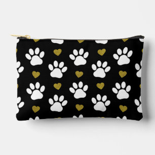 Pattern Of Paws, Dog Paws, White Paws, Gold Hearts Accessory Pouch