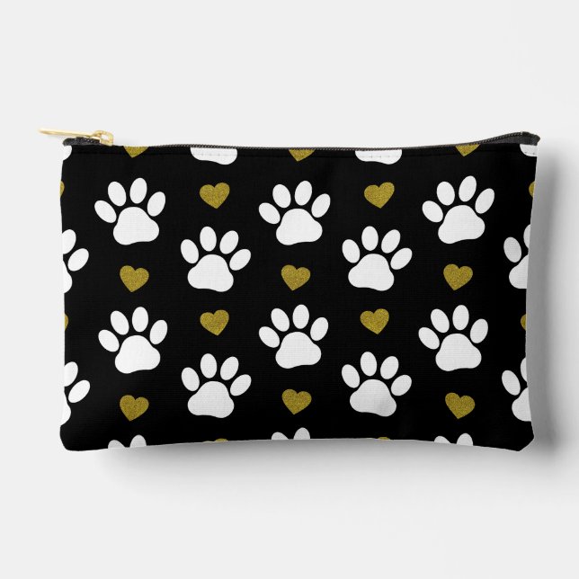 Pattern Of Paws, Dog Paws, White Paws, Gold Hearts Accessory Pouch (Front)